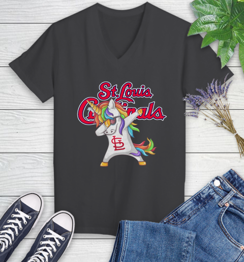 St.Louis Cardinals MLB Baseball Funny Unicorn Dabbing Sports Women's V-Neck T-Shirt 8