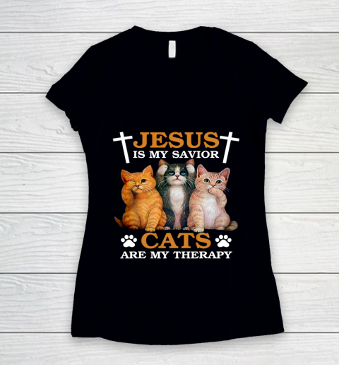 Jesus is My Savior Cat are My Therapy Christians Cat Lover Women's V-Neck T-Shirt
