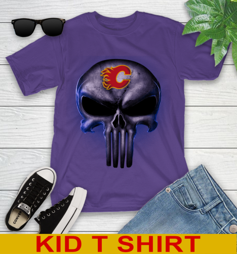Calgary Flames NHL Hockey Punisher Skull Sports Youth T-Shirt 3