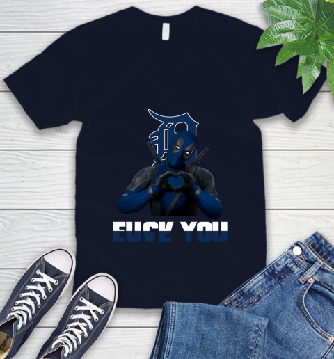 MLB Detroit Tigers Deadpool Love You Fuck You Baseball Sports V-Neck T-Shirt 2