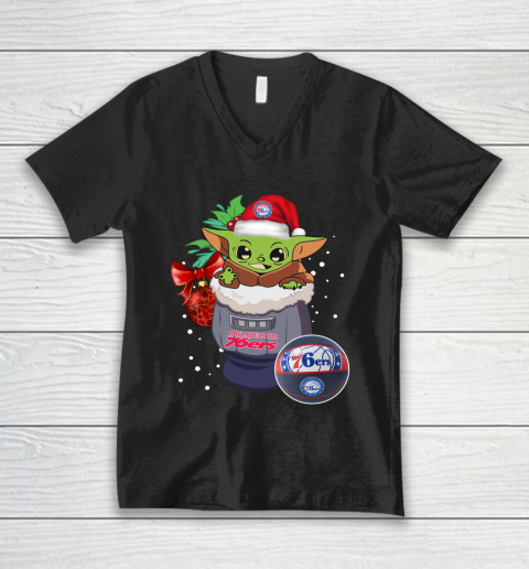 Philadelphia 76ers Christmas Baby Yoda Star Wars Funny Happy NBA V-Neck T-Shirt