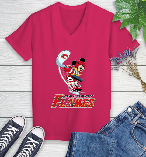 NHL Hockey Calgary Flames Cheerful Mickey Mouse Shirt Women's V-Neck T-Shirt 8