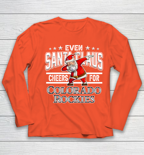 Colorado Rockies Even Santa Claus Cheers For Christmas MLB Youth Long Sleeve 3