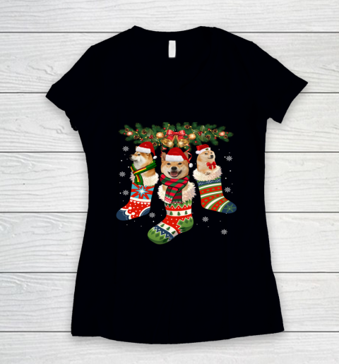 Three Shiba Inu In Sock Christmas Santa X mas Dog Women's V-Neck T-Shirt