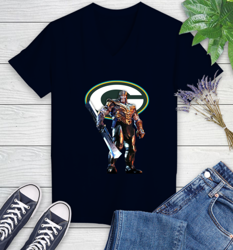 NFL Thanos Gauntlet Avengers Endgame Football Green Bay Packers Women's V-Neck T-Shirt 3