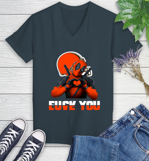 NHL Cleveland Browns Deadpool Love You Fuck You Football Sports Women's V-Neck T-Shirt 8
