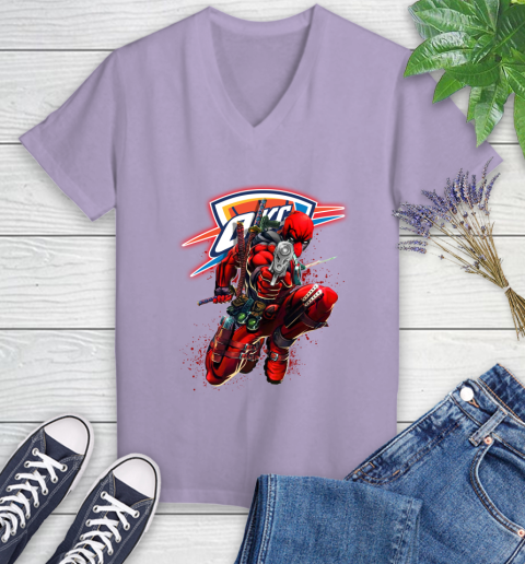 NBA Deadpool Marvel Comics Sports Basketball Oklahoma City Thunder Women's V-Neck T-Shirt 14