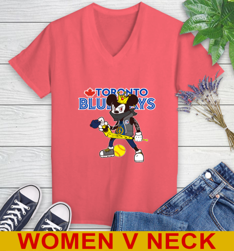Toronto Blue Jays MLB Baseball Mickey Peace Sign Sports Women's V-Neck T-Shirt 7