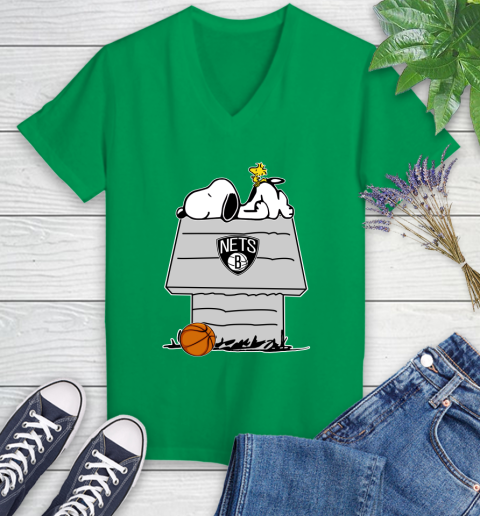 Brooklyn Nets NBA Basketball Snoopy Woodstock The Peanuts Movie Women's V-Neck T-Shirt 5