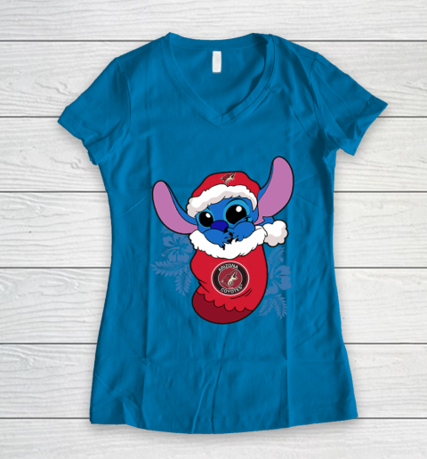 Arizona Coyotes Christmas Stitch In The Sock Funny Disney NHL Women's V-Neck T-Shirt 7