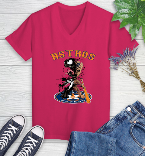 MLB Houston Astros Baseball Venom Groot Guardians Of The Galaxy Women's V-Neck T-Shirt 9
