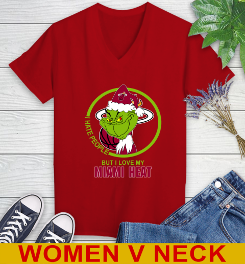 Miami Heat NBA Christmas Grinch I Hate People But I Love My Favorite Basketball Team Women's V-Neck T-Shirt 12