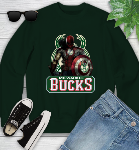 Milwaukee Bucks NBA Basketball Captain America Thor Spider Man Hawkeye Avengers Youth Sweatshirt 10