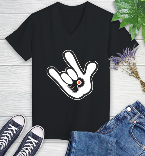 Philadelphia Flyers NHL Hockey Mickey Rock Hand Disney Women's V-Neck T-Shirt 2