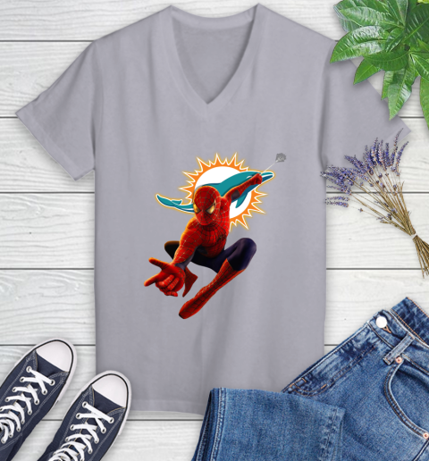 NFL Spider Man Avengers Endgame Football Miami Dolphins Women's V-Neck T-Shirt 4