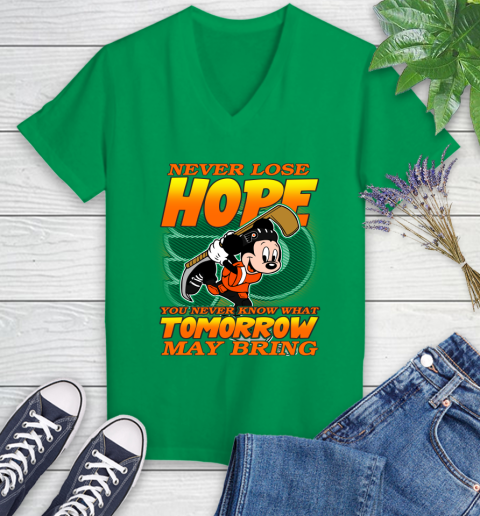 Philadelphia Flyers NHL Hockey ootball Mickey Disney Never Lose Hope Women's V-Neck T-Shirt 5
