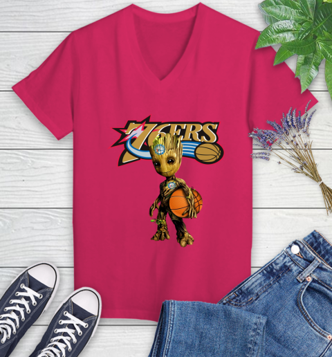 Philadelphia 76ers NBA Basketball Groot Marvel Guardians Of The Galaxy Women's V-Neck T-Shirt 9