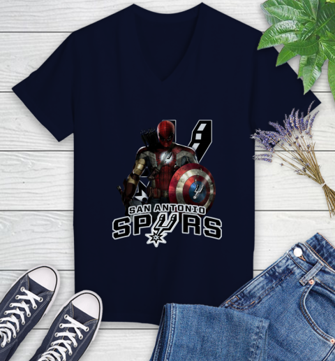 San Antonio Spurs NBA Basketball Captain America Thor Spider Man Hawkeye Avengers Women's V-Neck T-Shirt 3