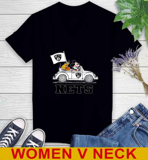 NBA Basketball Brooklyn Nets Pluto Mickey Driving Disney Shirt Women's V-Neck T-Shirt 2