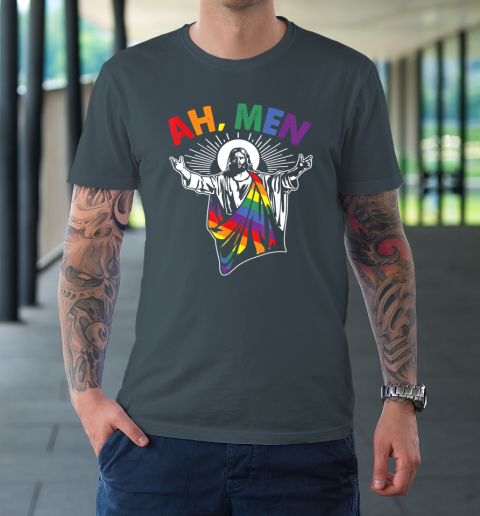 Ah Men Funny LGBT Gay Pride Jesus Rainbow Flag Christian T-Shirt 4