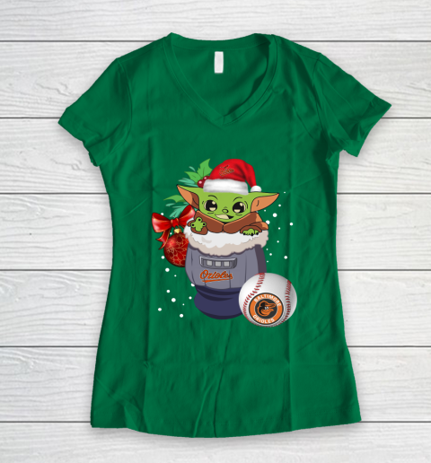 Baltimore Orioles Christmas Baby Yoda Star Wars Funny Happy MLB Women's V-Neck T-Shirt 5