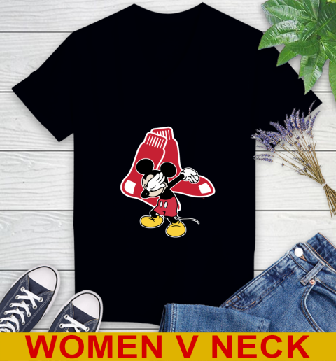 Boston Red Sox MLB Baseball Dabbing Mickey Disney Sports Women's V-Neck T-Shirt 2