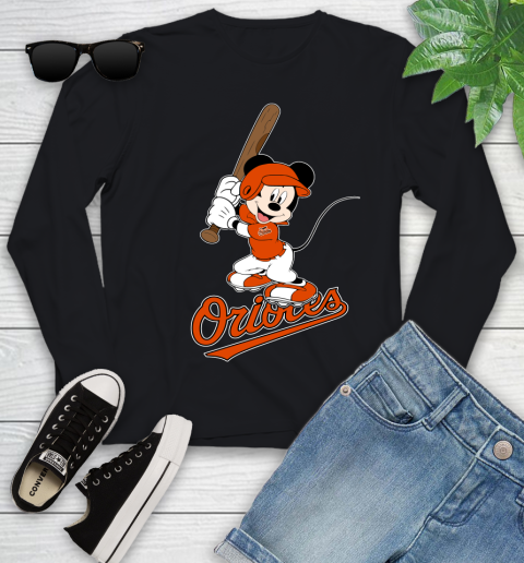 MLB Baseball Baltimore Orioles Cheerful Mickey Mouse Shirt Youth Long Sleeve
