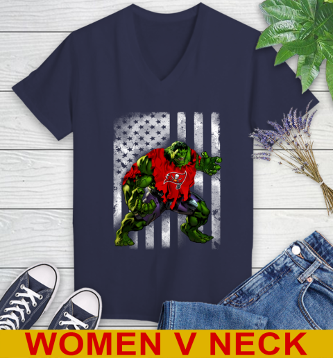 Tampa Bay Buccaneers Hulk Marvel Avengers NFL Football American Flag Women's V-Neck T-Shirt 12