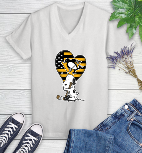Pittsburgh Penguins NHL Hockey The Peanuts Movie Adorable Snoopy Women's V-Neck T-Shirt