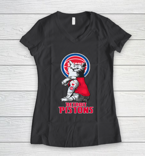 NBA Basketball My Cat Loves Detroit Pistons Women's V-Neck T-Shirt 6