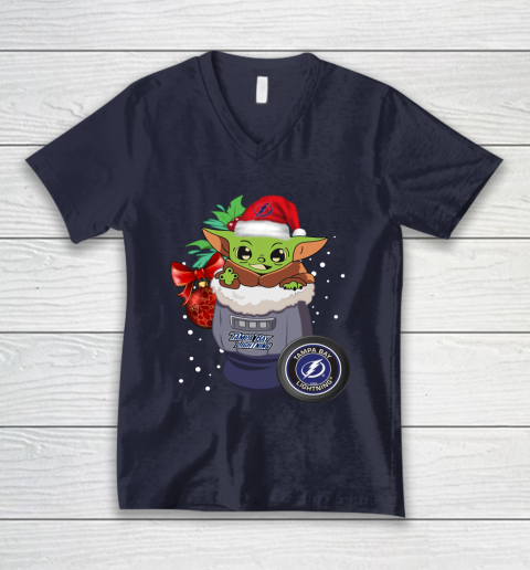 Tampa Bay Lightning Christmas Baby Yoda Star Wars Funny Happy NHL V-Neck T-Shirt 3