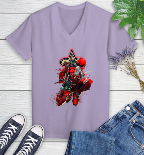 NFL Deadpool Marvel Comics Sports Football New Orleans Saints Women's V-Neck T-Shirt 14