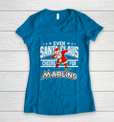 Miami Marlins Even Santa Claus Cheers For Christmas MLB Women's V-Neck T-Shirt 5
