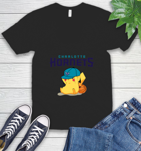 NBA Pikachu Basketball Sports Charlotte Hornets V-Neck T-Shirt 2