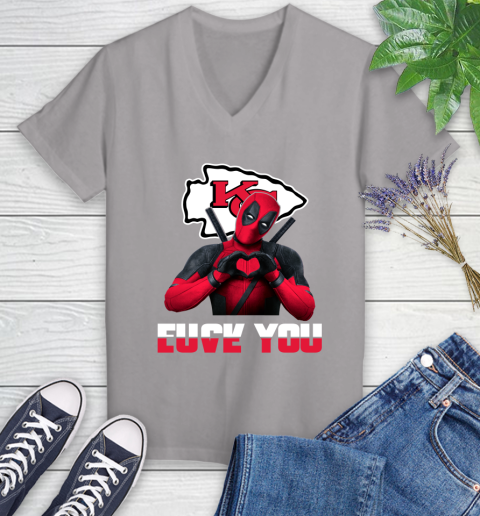 NHL Kansas City Chiefs Deadpool Love You Fuck You Football Sports Women's V-Neck T-Shirt 4