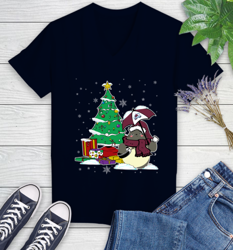 Colorado Avalanche NHL Hockey Cute Tonari No Totoro Christmas Sports Women's V-Neck T-Shirt 2