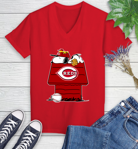 MLB Cincinnati Reds Snoopy Woodstock The Peanuts Movie Baseball T Shirt Women's V-Neck T-Shirt 12