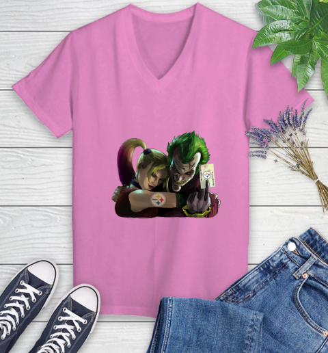 Pittsburgh Steelers NFL Football Joker Harley Quinn Suicide Squad Women's V-Neck T-Shirt 14