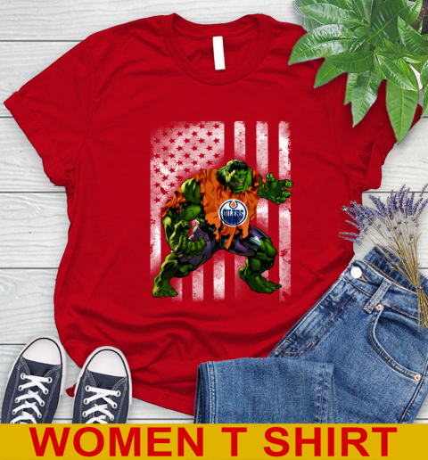 Edmonton Oilers Hulk Marvel Avengers NHL Hockey American Flag Women's T-Shirt 11