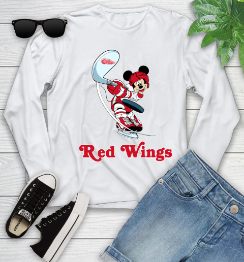 NHL Hockey Detroit Red Wings Cheerful Mickey Mouse Shirt Youth Long Sleeve 2