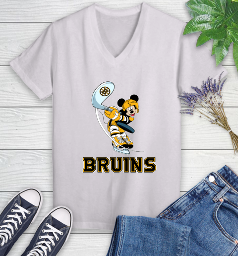 NHL Hockey Boston Bruins Cheerful Mickey Mouse Shirt Women's V-Neck T-Shirt 2