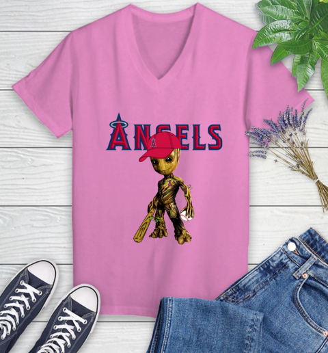 MLB Los Angeles Angels Groot Guardians Of The Galaxy Baseball Women's V-Neck T-Shirt 14