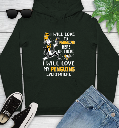 NHL Hockey Pittsburgh Penguins I Will Love My Penguins Everywhere Dr Seuss Shirt Youth Hoodie 12