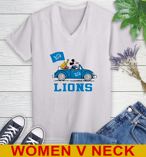 NFL Football Detroit Lions Pluto Mickey Driving Disney Shirt Women's V-Neck T-Shirt