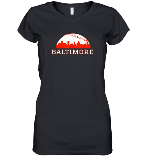 Vintage Downtown Baltimore MD Baseball Skyline Women's V-Neck T-Shirt