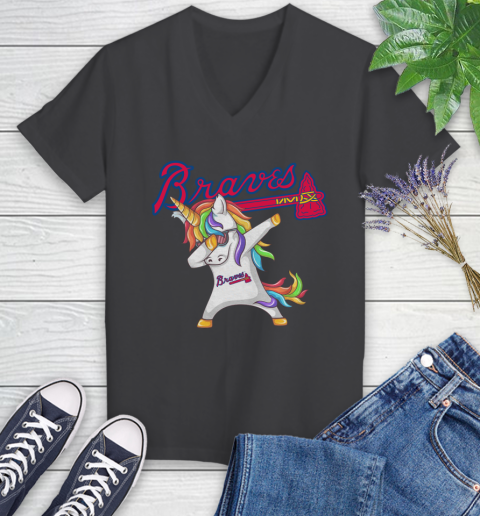 Atlanta Braves MLB Baseball Funny Unicorn Dabbing Sports Women's V-Neck T-Shirt 8