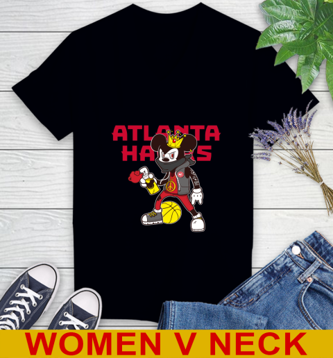 Atlanta Hawks NBA Basketball Mickey Peace Sign Sports Women's V-Neck T-Shirt 2