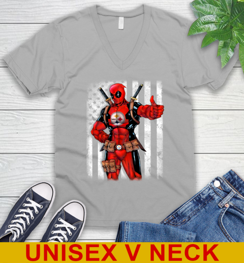 NFL Football Pittsburgh Steelers Deadpool American Flag Shirt V-Neck T-Shirt 3