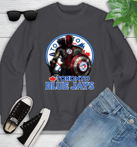 MLB Captain America Thor Spider Man Hawkeye Avengers Endgame Baseball Toronto Blue Jays Youth Sweatshirt 6