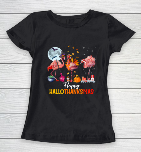 Flamingo Halloween And Merry Christmas Happy Hallothanksmas Women's T-Shirt